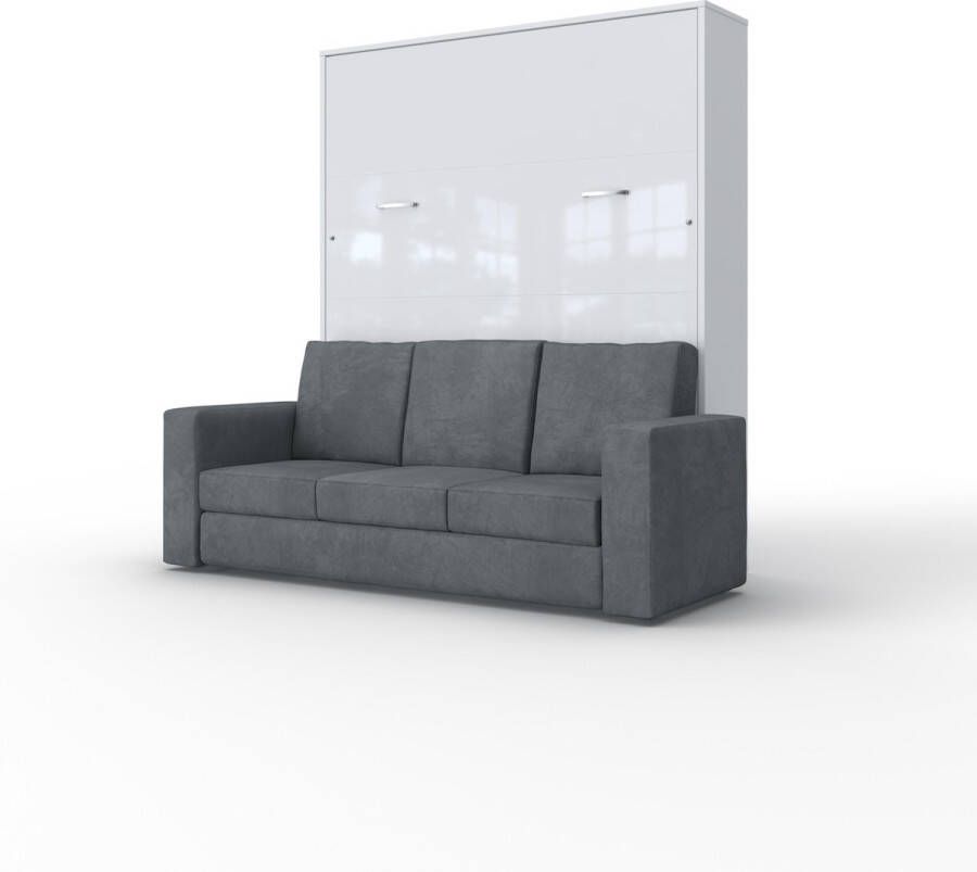 Maxima House INVENTO SOFA 160 Verticaal Vouwbed Inclusief Donkerblauwe bank Opklapbed Bedkast Wit Hoogglans Wit 200x160 cm