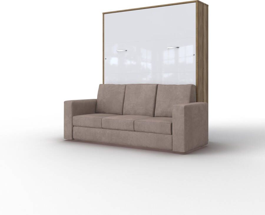 Maxima House INVENTO SOFA 160 Verticaal Vouwbed Inclusief Zalmroze bank Opklapbed Bedkast Eiken Hoogglans Wit 200x160 cm