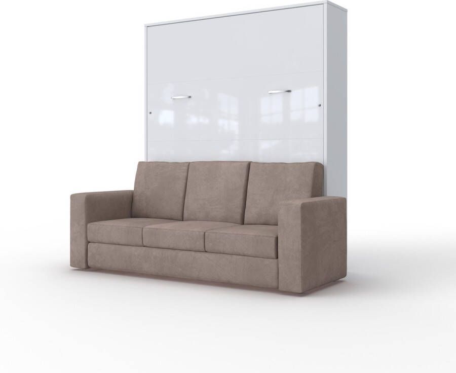 Maxima House INVENTO SOFA 160 Verticaal Vouwbed Inclusief Zalmroze bank Opklapbed Bedkast Wit Hoogglans Wit 200x160 cm