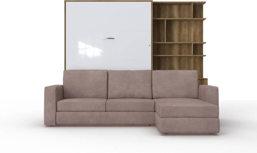 Maxima House INVENTO SOFA MAX Verticaal Vouwbed Inclusief Zalmroze Hoekbank Opklapbed Bedkast Eiken Wit 200x140 cm