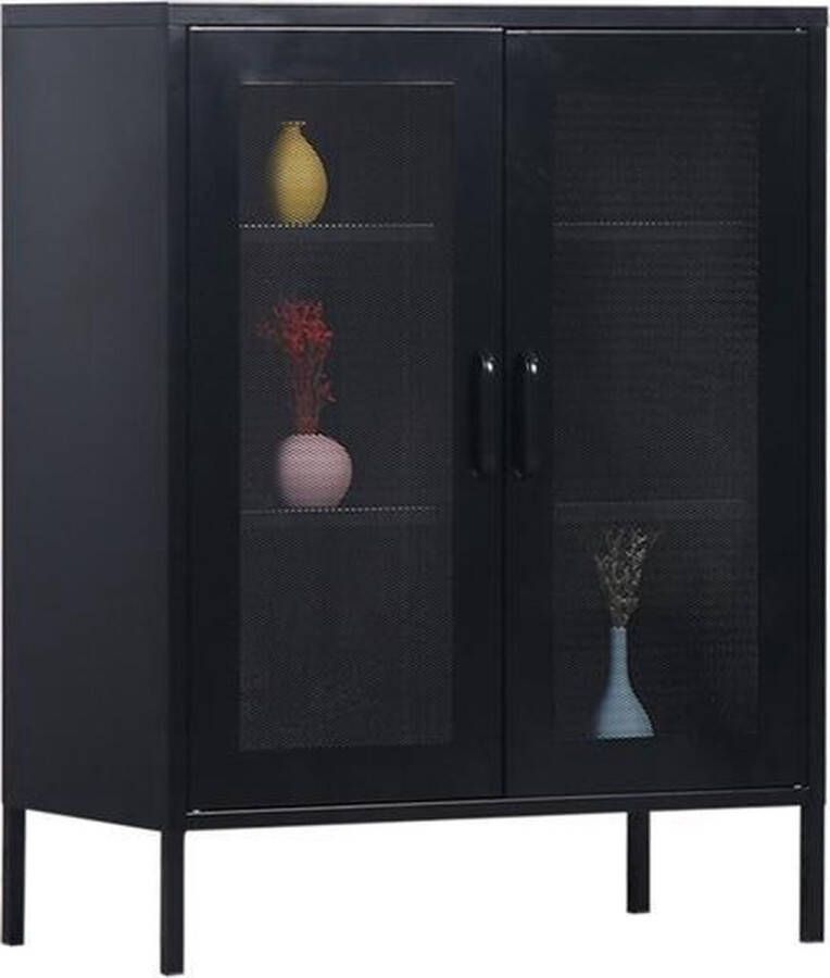 MaximaVida metalen locker vitrine kast Finn 100 x 80 x 40 cm zwart 2 schappen