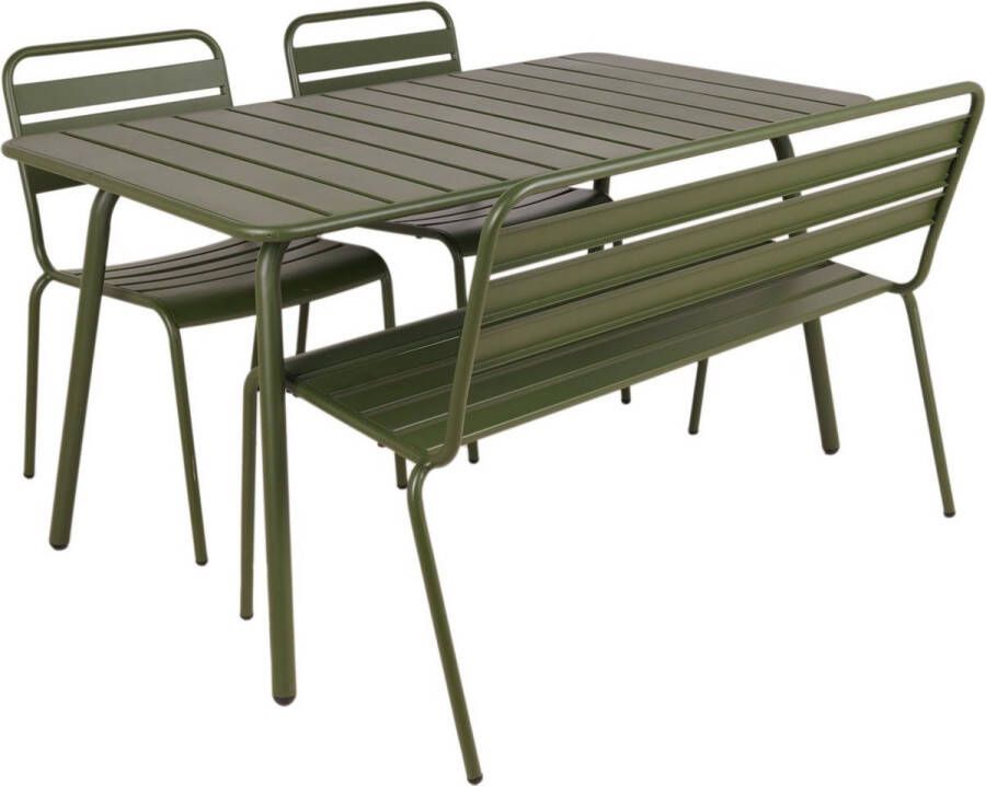MaximaVida metalen tuinset Max olijfgroen 150 cm – 1 tafel met 2 stoelen en 1 bank