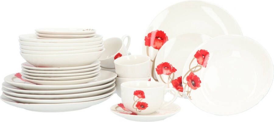 Maxime Home Klaproos servies 6 persoons 30 delig Wit Rood