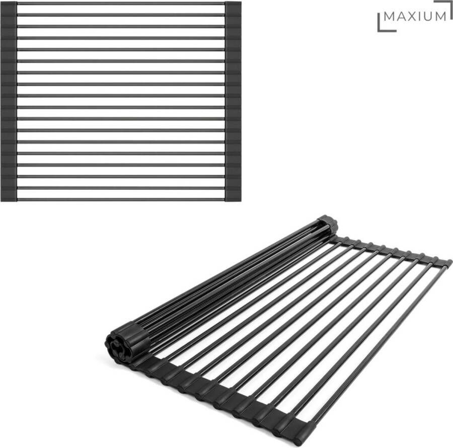 Maxium Oprolbaar Afdruiprek Zwart Afdruipmat voor over de Gootsteen Pannenonderzetter Oprolbaar Silicone Vaat Droogrek Hittebestendig Afwasrek