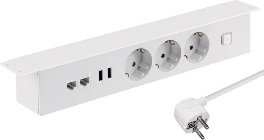 MaxTrack stekkerdoos met 3 contacten 2x USB en 2x RJ45 voor onder bureau wit 1 8 meter