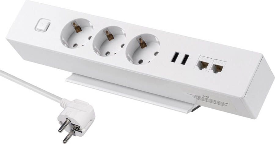 MaxTrack stekkerdoos met 3 contacten 2x USB en 2x RJ45 voor op bureau wit 1 8 meter