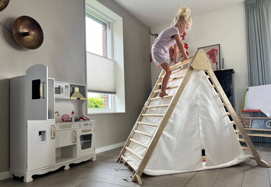 Maxx kidz Houten Klimrek- 2 in 1 Pikler Speeltoestel voor Binnen Tipi tent Klimdriehoek met Doek Tipi tent met klimrek Hout Peuter Speelgoed