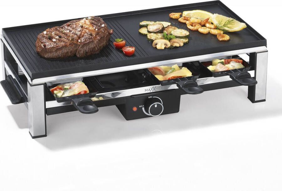 Maxxmee Raclette grill voor 8 personen Gegoten aluminium grillplaat met 2 zones 2000W Zwart