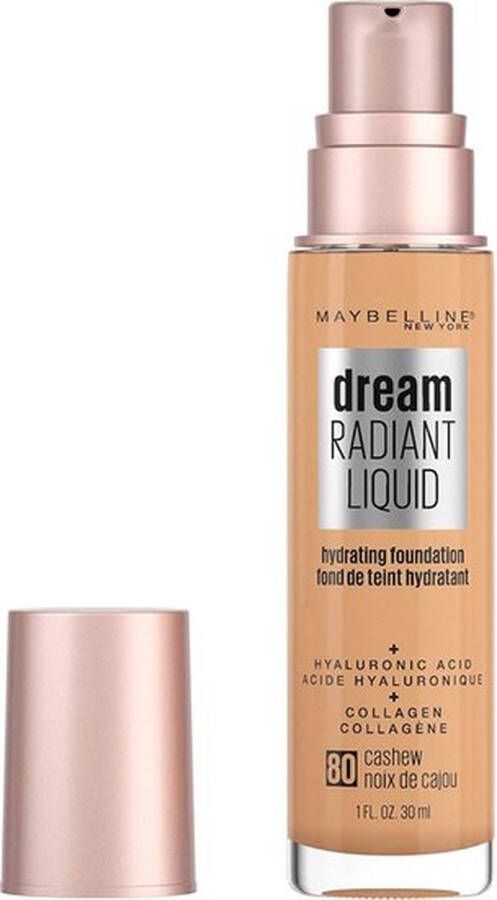 Maybelline Dream Radiant Liquid Foundation 80 Cashew Geschikt voor de Droge Huid met Hyaluronzuur en Collageen Getinte huidskleur 30 ml