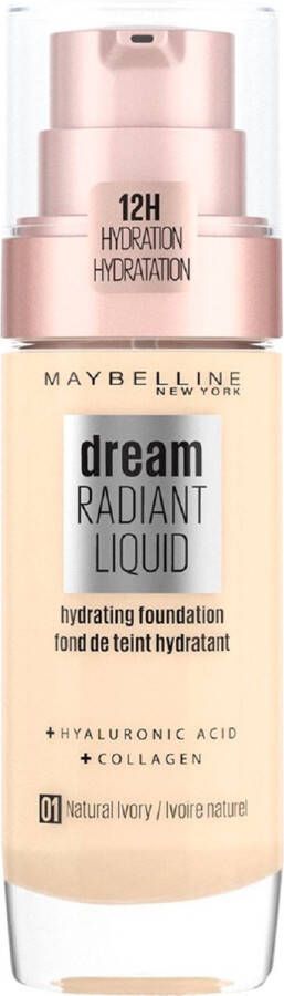 Maybelline New York Dream Radiant Liquid 01 Natural Ivory Foundation Geschikt voor de Droge Huid met Hyaluronzuur 30 ml