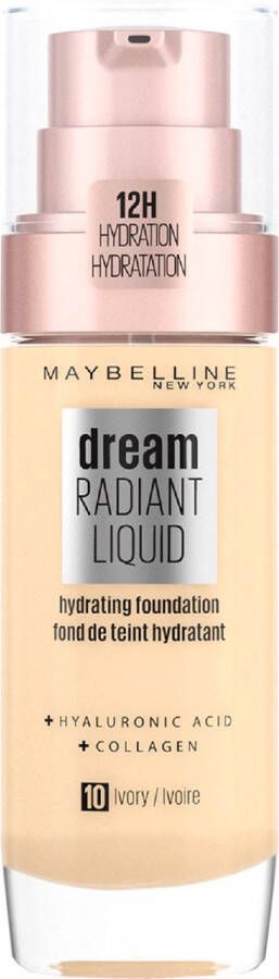 Maybelline New York Dream Radiant Liquid 10 Ivory Foundation Geschikt voor de Droge Huid met Hyaluronzuur 30 ml