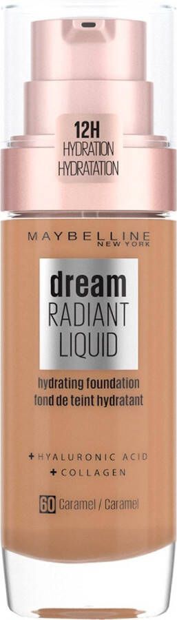 Maybelline New York Dream Radiant Liquid 60 Caramel Foundation Geschikt voor de Droge Huid met Hyaluronzuur 30 ml