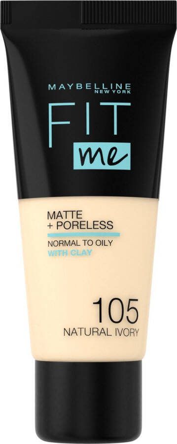 Maybelline New York Fit Me Matte + Poreless Foundation 105 Natural Ivory Medium Dekkende Foundation met Matte Finish voor de Normale tot Vette Huid 30 ml