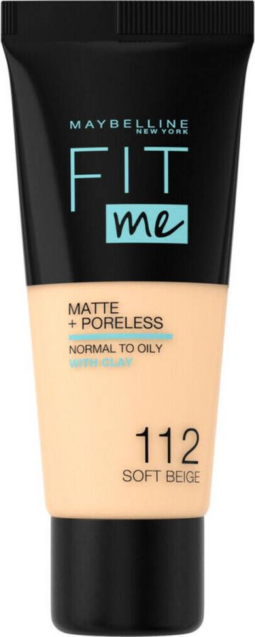 Maybelline New York Fit Me Matte + Poreless Foundation 112 Soft Beige Medium Dekkende Foundation met Matte Finish voor de Normale tot Vette Huid 30 ml