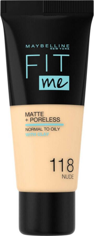 Maybelline New York Fit Me Matte + Poreless Foundation 118 Nude Medium Dekkende Foundation met Matte Finish voor de Normale tot Vette Huid 30 ml