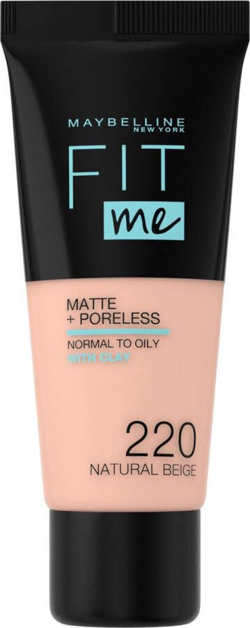 Maybelline New York Fit Me Matte + Poreless Foundation 220 Natural Beige Medium Dekkende Foundation met Matte Finish voor de Normale tot Vette Huid 30 ml