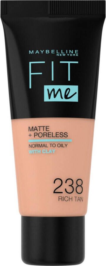 Maybelline New York Fit Me Matte + Poreless Foundation 238 Rich Tan Medium Dekkende Foundation met Matte Finish voor de Normale tot Vette Huid 30 ml