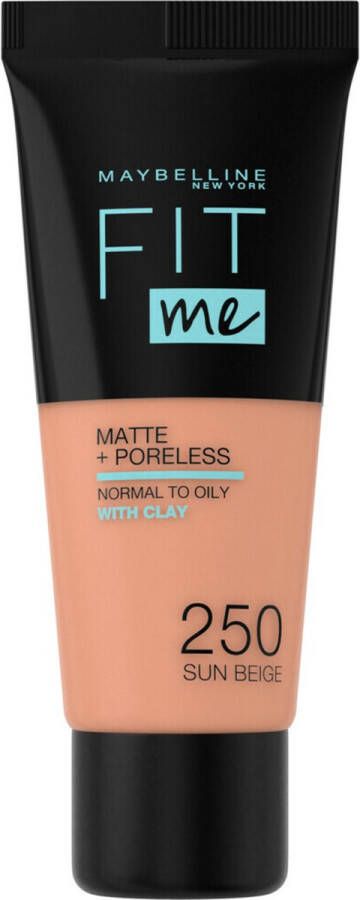 Maybelline New York Fit Me Matte + Poreless Foundation 250 Sun Beige Medium Dekkende Foundation met Matte Finish voor de Normale tot Vette Huid 30 ml