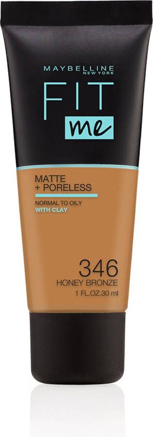 Maybelline New York Fit Me Matte + Poreless Foundation 346 Honey Bronze Medium Dekkende Foundation met Matte Finish voor de Normale tot Vette Huid 30 ml