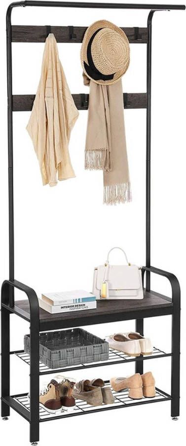 MAZAZU Kapstok Staande kapstok Schoenenrek Kledingrek 9 dubbele haken Houtlook Metaal Industrieel Zwart Vintage Hal Slaapkamer Woonkamer B 74cm x L34cm x H183cm