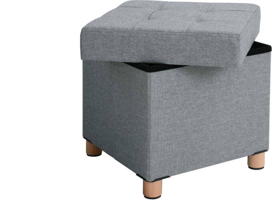 MAZAZU MIRA Home Opbergkist Halbank Opbergbankje Hout linnen Lichtgrijs 38x38x40