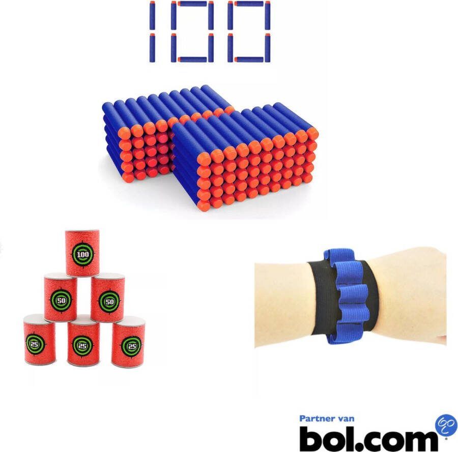 MAZE MORE Super set 100 Pijltjes + 6 Targets + Armband Geschikt voor Nerf N-Strike Darts Target- Elite
