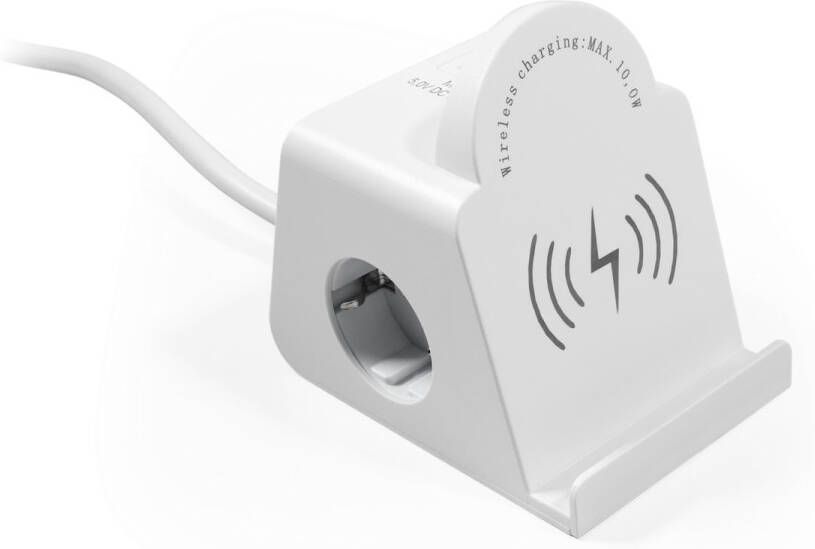 McPower Bureau stekkerdoos met USB en draadloze oplader Verdeelstekker met kabel Stopcontact met splitter 5 voudig Wit