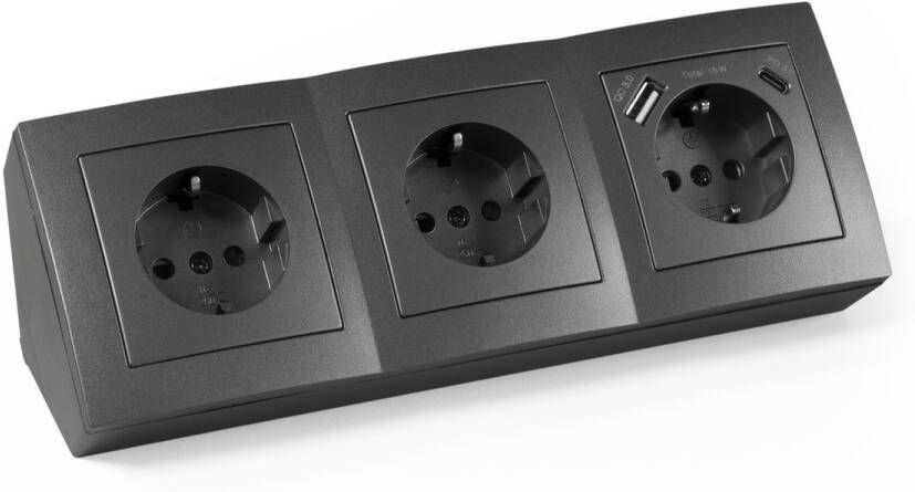 McPower Bureau Stekkerdoos met USB Stekkerblok met 3 stopcontacten en 1x USB A 1x USB C Verdeelstekker met 0.15 m kabel stopcontact voor max. 3600 Watt Antraciet