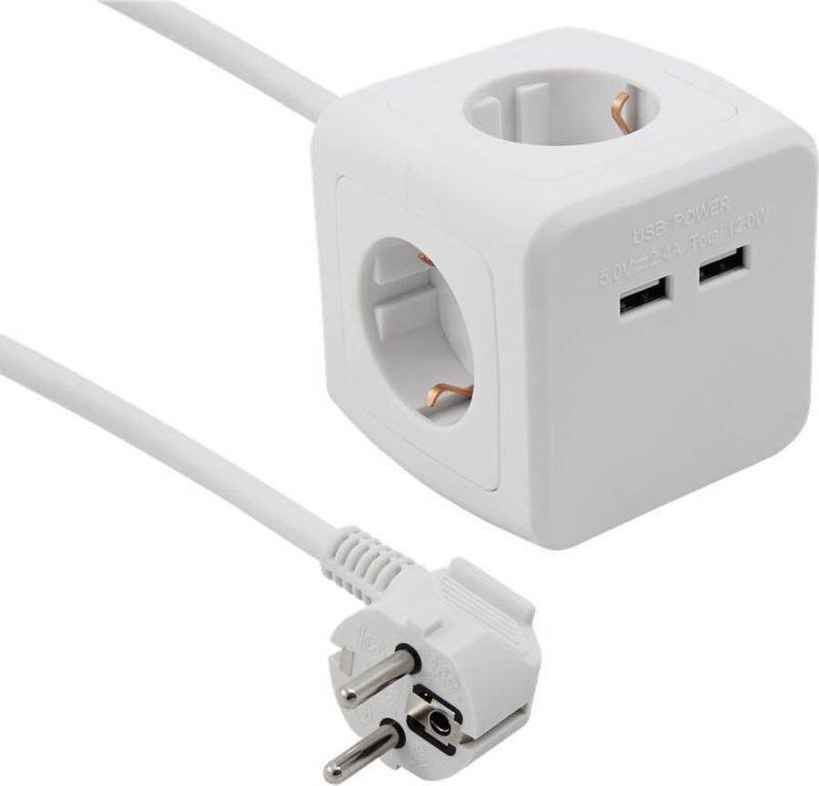 McPower PowerCube Stekkerdoos met USB Verdeelstekker 4-voudig 2x USB Stekkerblok met houder Kabellengte 1.5 meter Wit