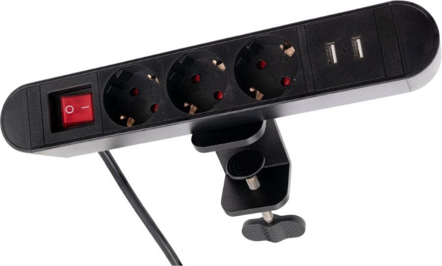 McPower Tafelklem stekkerdoos met schakelaar Verdeelstekker horizontaal Powercube met usb 2x Stopcontact beveiliging met randaarde Verdeeldoos met snoer 2m Zwart