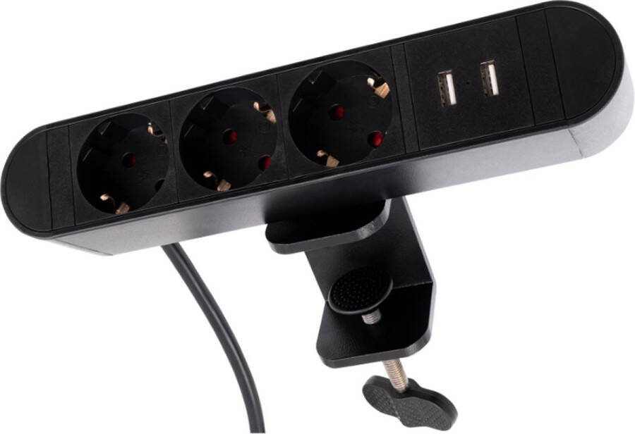 McPower Tafelklem stekkerdoos met USB Verdeelstekker horizontaal Stopcontact beveiliging met randaarde Verdeeldoos met snoer 2m Zwart