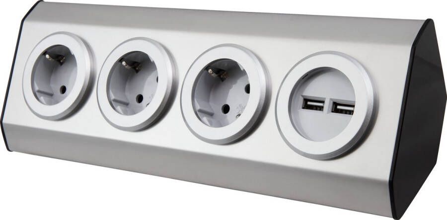 McPower Verdeelstekker horizontaal Bureau stekkerdoos met usb Verdeeldoos met snoer 15cm Hoek Stekkerdoos 45° Zilver