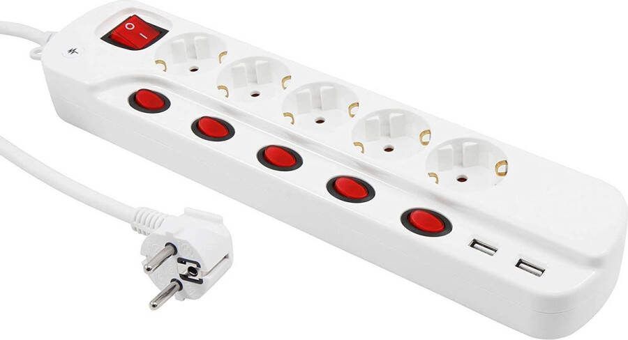 McPower Stekkerdoos Premium 5-voudig 2x USB laadpoort Individueel schakelbaar Overspanningsbeveiliging Overbelastingsbeveiliging Kabellengte 1.5 meter