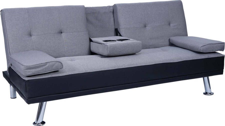 MCW 3-zits bank -F60 slaapbank logeerbed verstelbare bekerhouder 97x166cm ~ kunstleer textiel zwart lichtgrijs