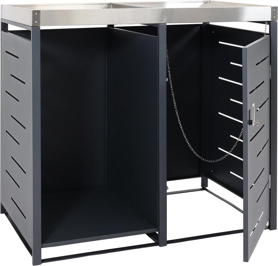 MCW 1 afvalbak met opslagruimte voor brandhout -H40 afvalbak 125x130x80cm uitrekbaar metaal 45kg ~ antraciet