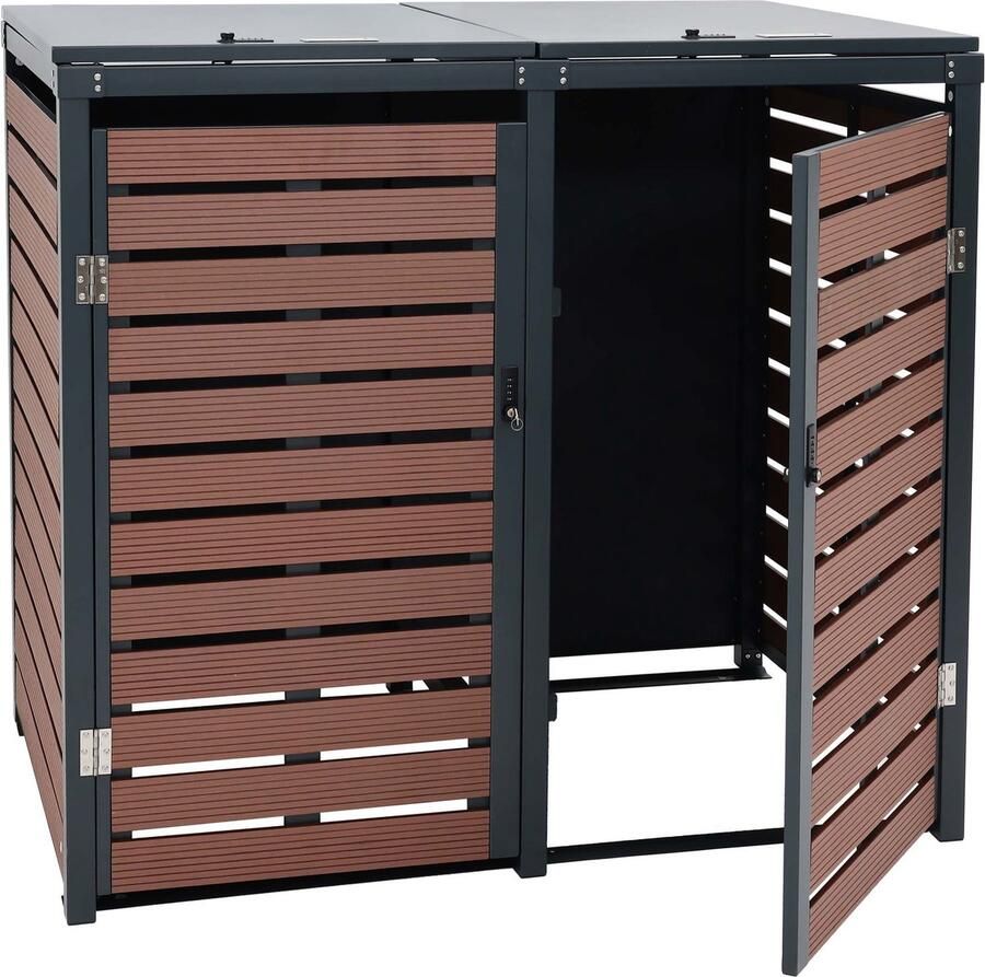 MCW 2 afvalbak deksel -K14 afvalbak deksel afvalbak 119x134x84cm WPC metaal 78kg ~ walnoot hout look