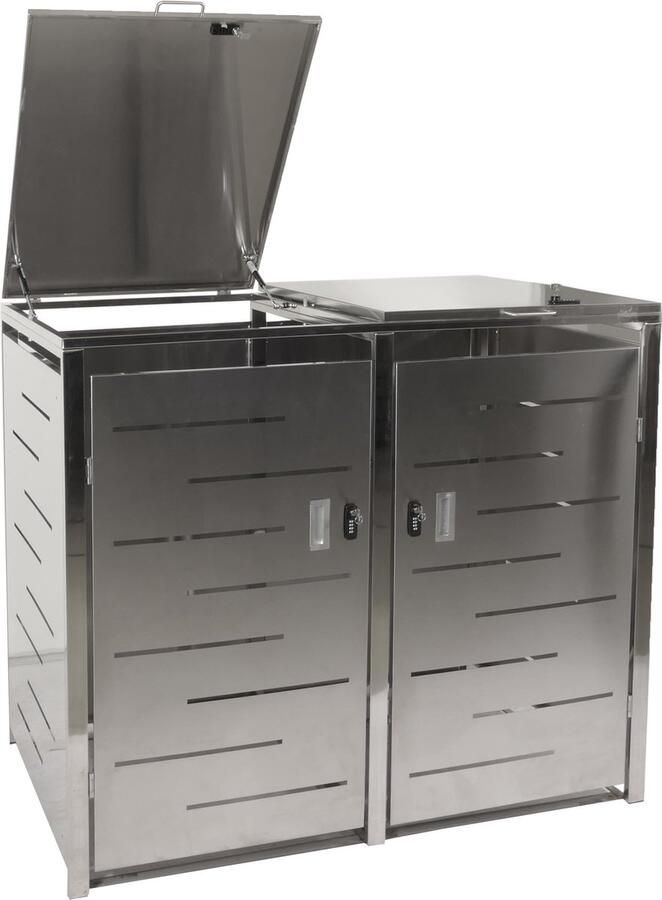 MCW 2-bakken deksel voor vuilnisbak -E83 deksel voor vuilnisbak uitbreidbaar 117x131x80cm ~ roestvrij staal 48kg