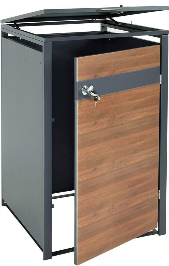 MCW Afvalbakdeksel XL 1 2-bins -J82 afvalbak metaal 38kg antraciet ~ donkerbruin kersenhout look