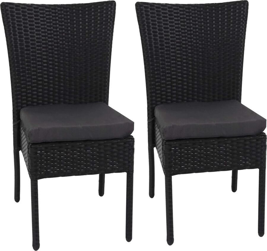 MCW Set van 2 polyrotan stoelen -G19 balkonstoel tuinstoel stapelbaar ~ zwart donkergrijze kussens