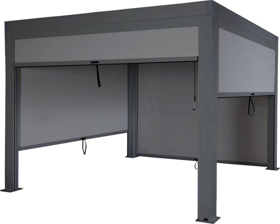 MCW Pergola -L46 met zijwand tuinpaviljoen lamellenrolgordijn 11cm aluminium frame stormvast 3x3m ~ antraciet