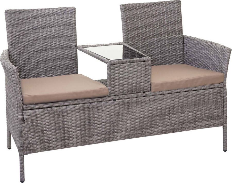 MCW Poly-rattan bank met tafel -E24 tuinbank zitgroep tuinbank 132cm ~ grijs kussens crème