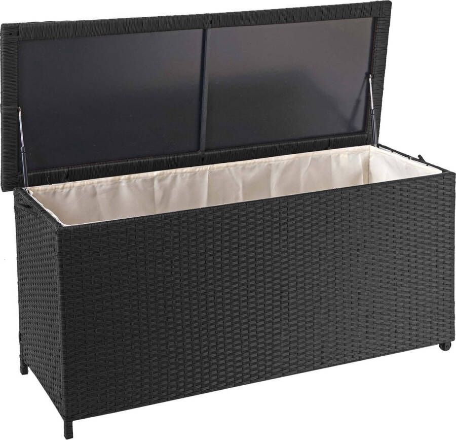 MCW Poly-rattan kussenbox -D88 tuinkist kussenbox kist ~ Premium zwart 63x135x52cm 320l