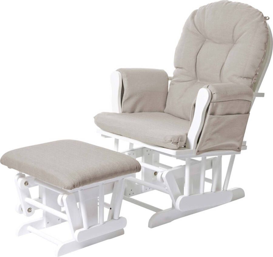MCW Relaxfauteuil -C76 schommelstoel met kruk ~ stof textiel crème frame wit