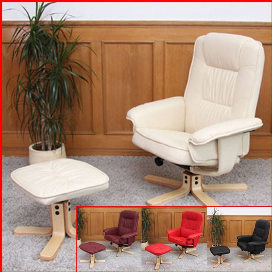 MCW Relaxfauteuil M56 TV-fauteuil met poef voetenbank kunstleer eucalyptushout ~ bordeaux