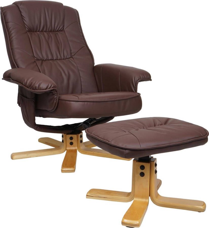 MCW Relaxfauteuil M56 TV-fauteuil met poef voetenbankje kunstleer eucalyptushout ~ roodbruin