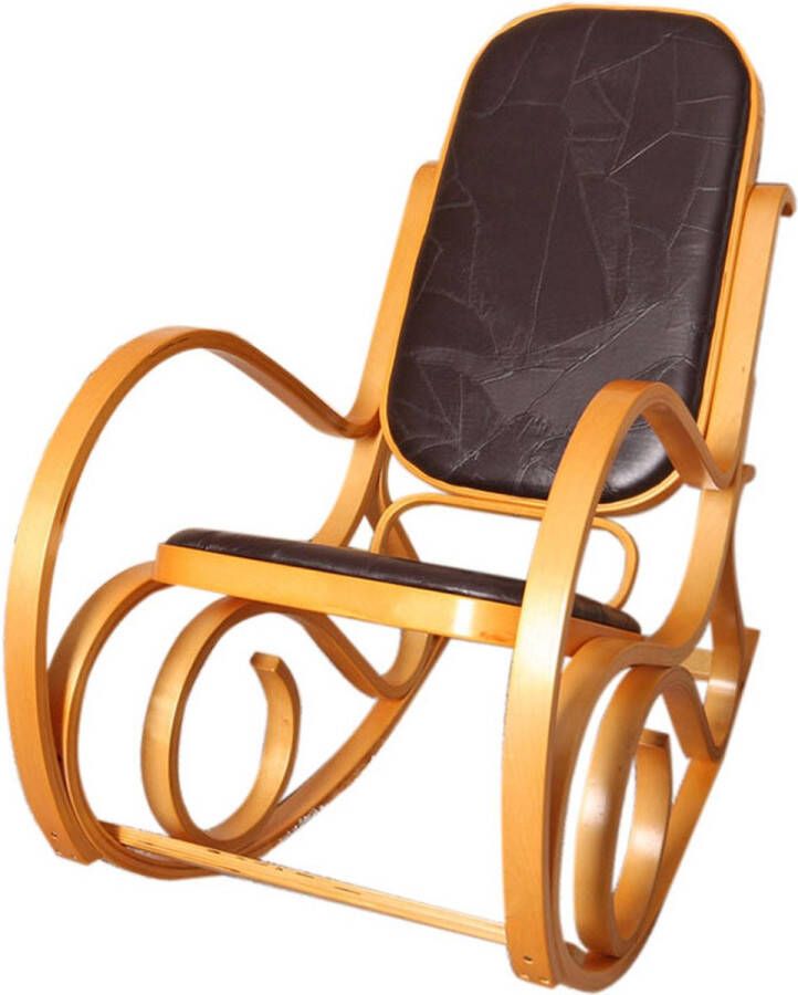 MCW Schommelstoel M41 schommelstoel TV fauteuil massief hout ~ eiken look patchwork leer bruin