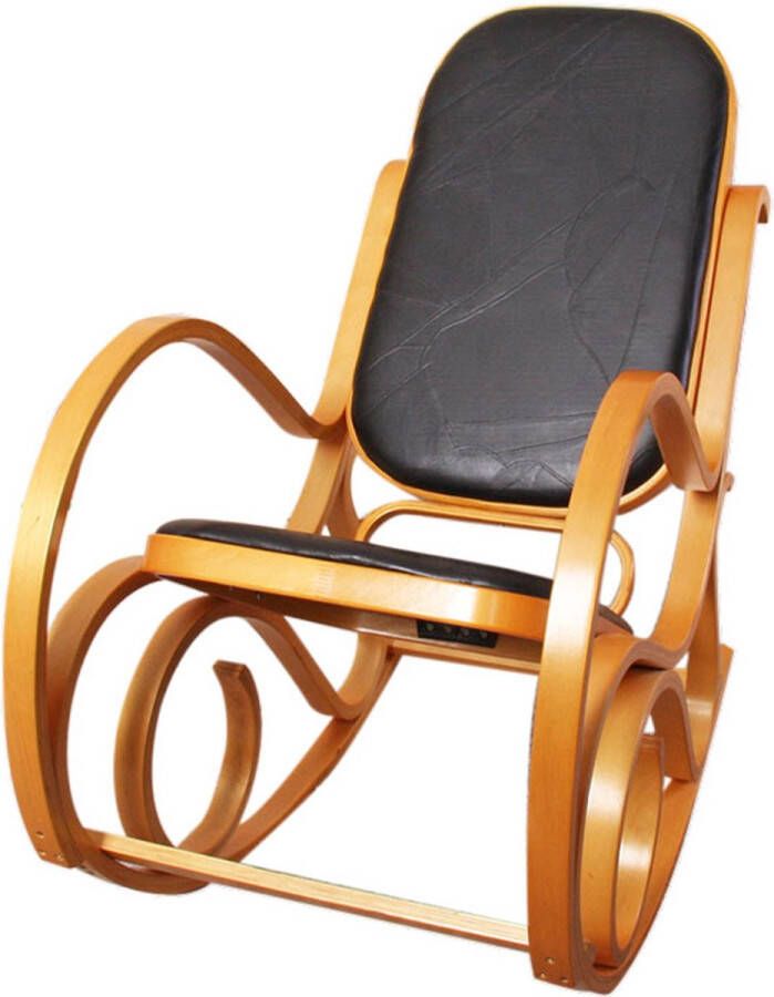 MCW Schommelstoel M41 schommelstoel TV fauteuil massief hout ~ eiken look patchwork leer zwart