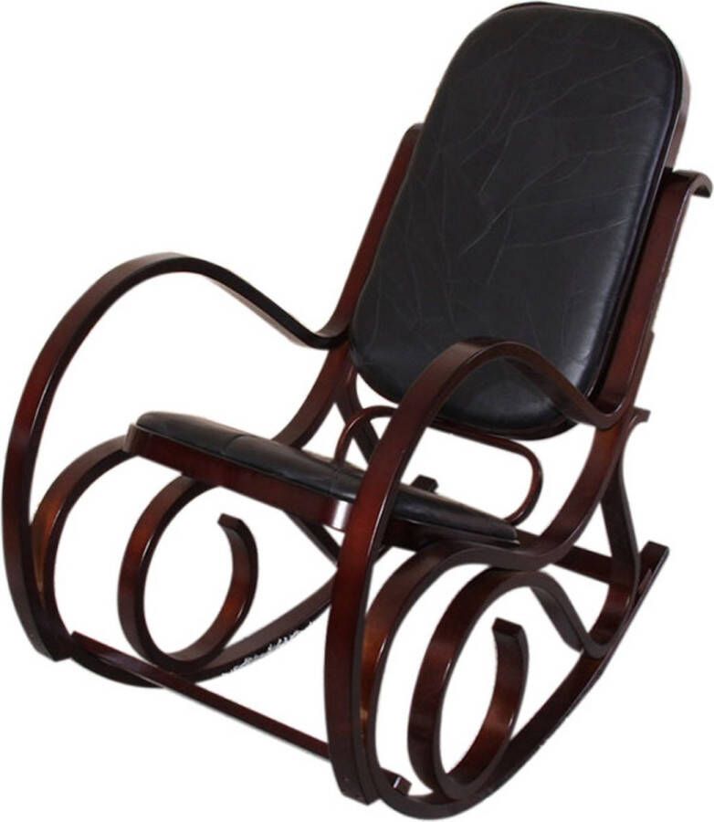 MCW Schommelstoel M41 schommelstoel TV fauteuil massief hout ~ walnoot look patchwork leer zwart