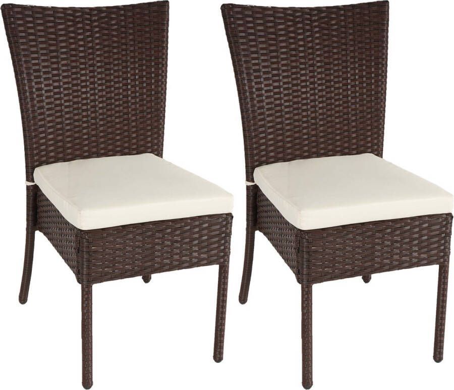 MCW Set van 2 polyrotan stoelen -G19 balkonstoel tuinstoel stapelbaar ~ bruin crèmekleurige kussens