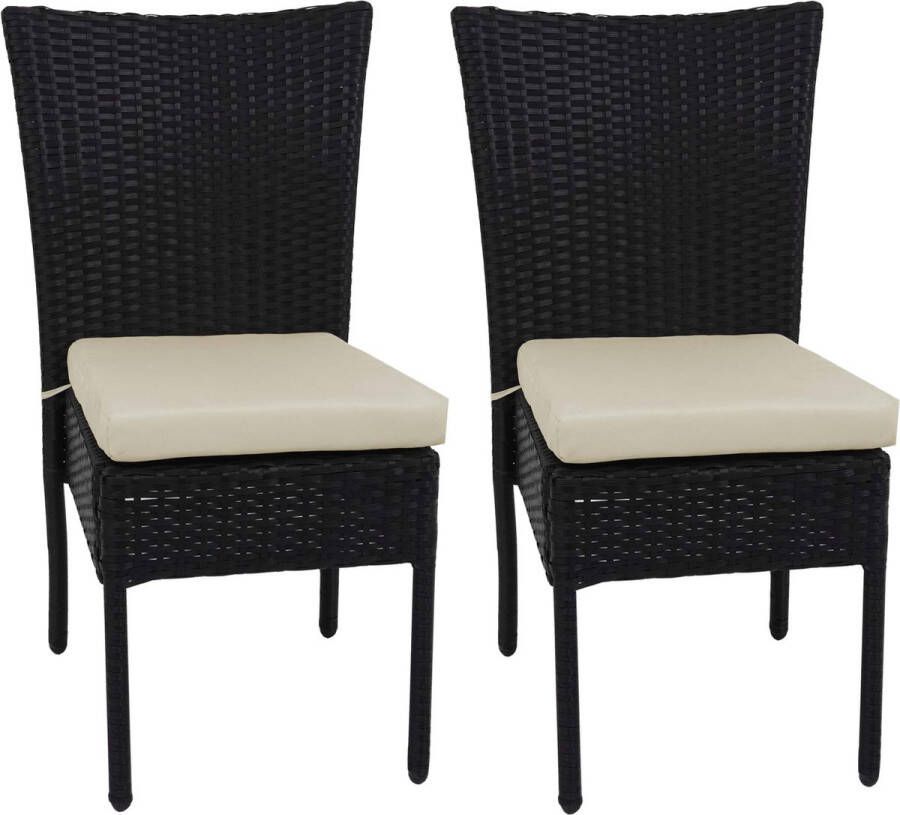 MCW Set van 2 polyrotan stoelen -G19 balkonstoel tuinstoel stapelbaar ~ zwart crèmekleurige kussens